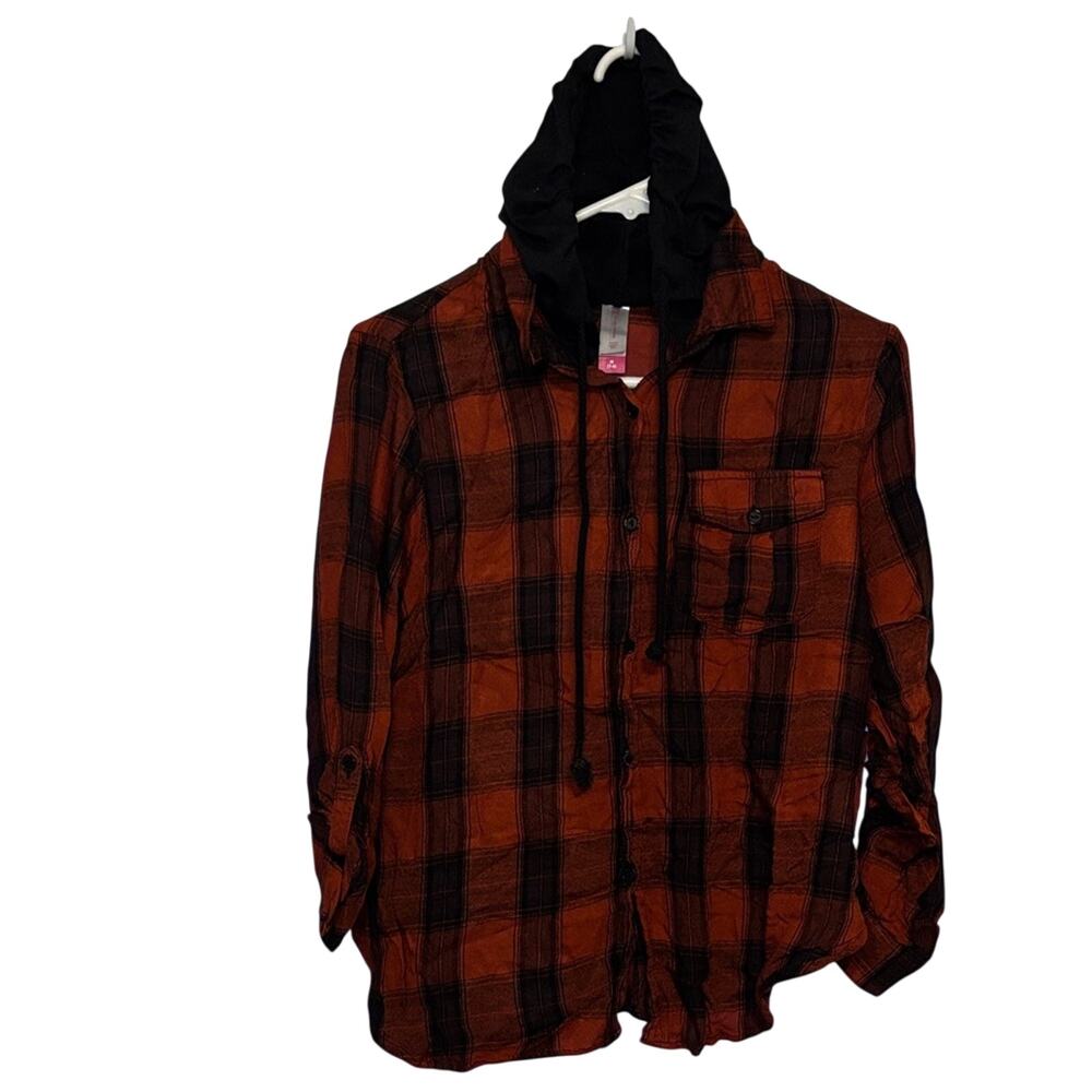 NOBO No Boundaries Women’s Orange Black Plaid Button-Up Hooded Shirt Size  M 7/9